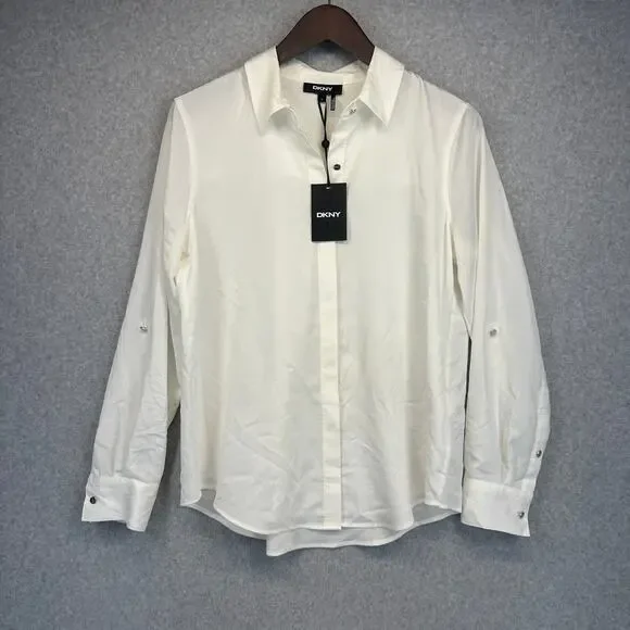 DKNY Foundation Shirt Womens Small Ivory 100% Polyester Button Down Long Sleeve - Picture 1 of 13